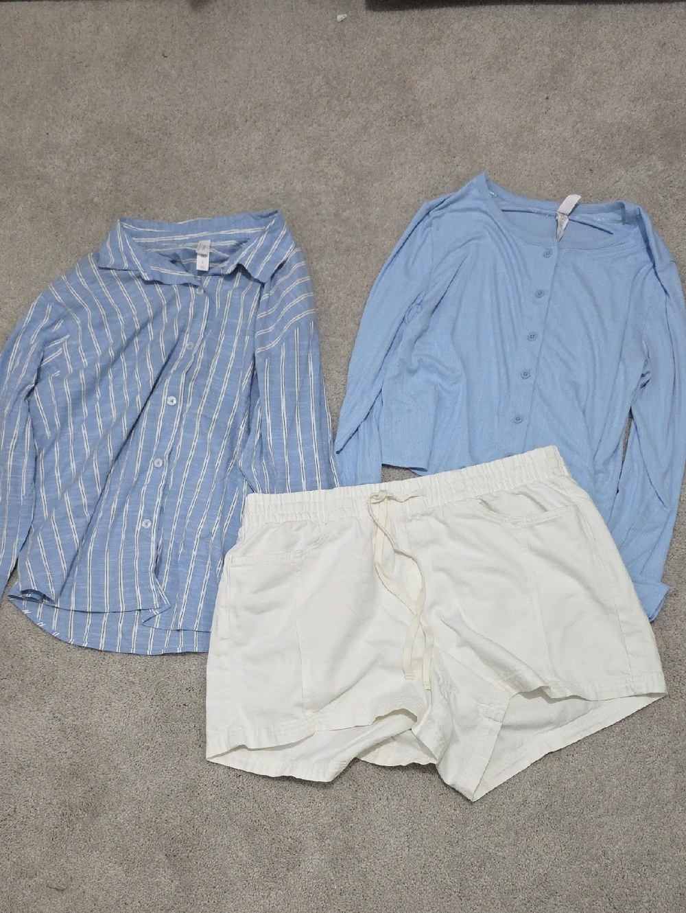 Light Blue Striped Shirt + Light Blue Cardigan + White Drawstring Shorts Set